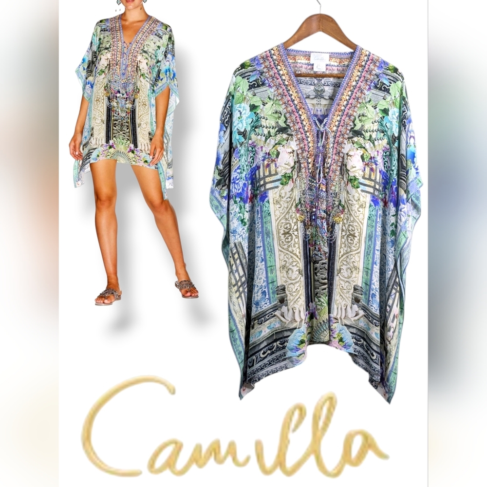 Camilla Dear Diary Short Lace Up Kaftan One Size Silk Cover Up Dress Resort Luxu